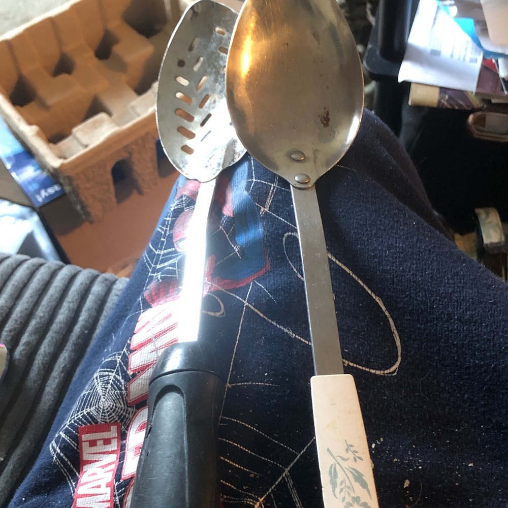 Pair of Metal Kitchen Spoons - Silver with Black & White Handles